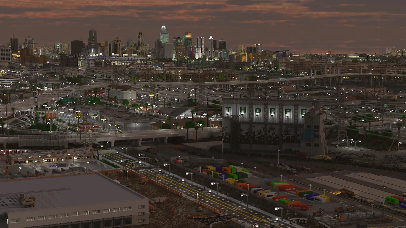 A large Minecraft world that looks like a town.